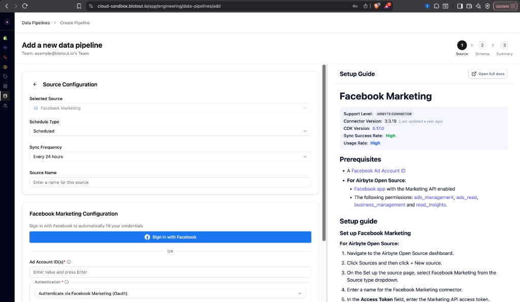 Facebook Marketing source configuration with OAuth