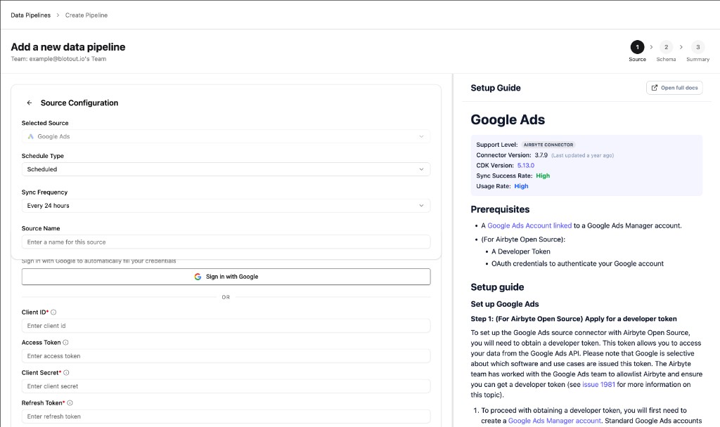 Google Ads source configuration with OAuth
