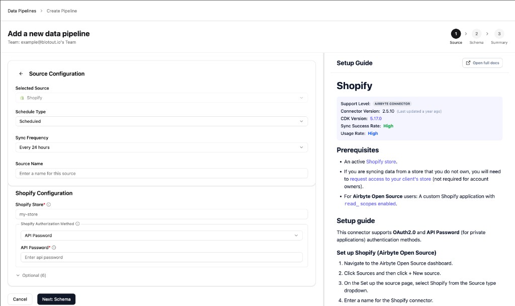 Shopify source configuration with API Password