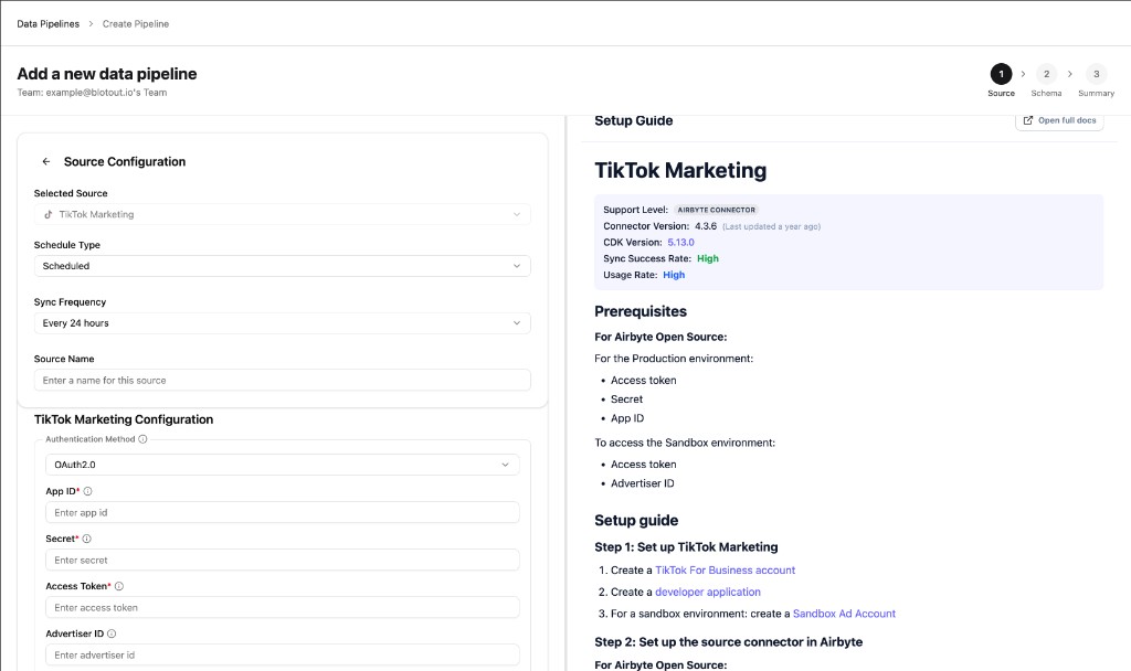 TikTok Marketing source configuration with OAuth 2.0