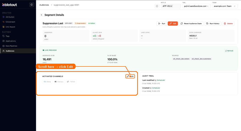 Segment details — scroll to Activated Channels and click Edit
