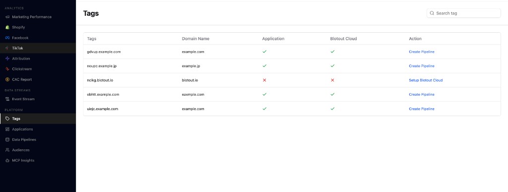 Tags page in Blotout Cloud