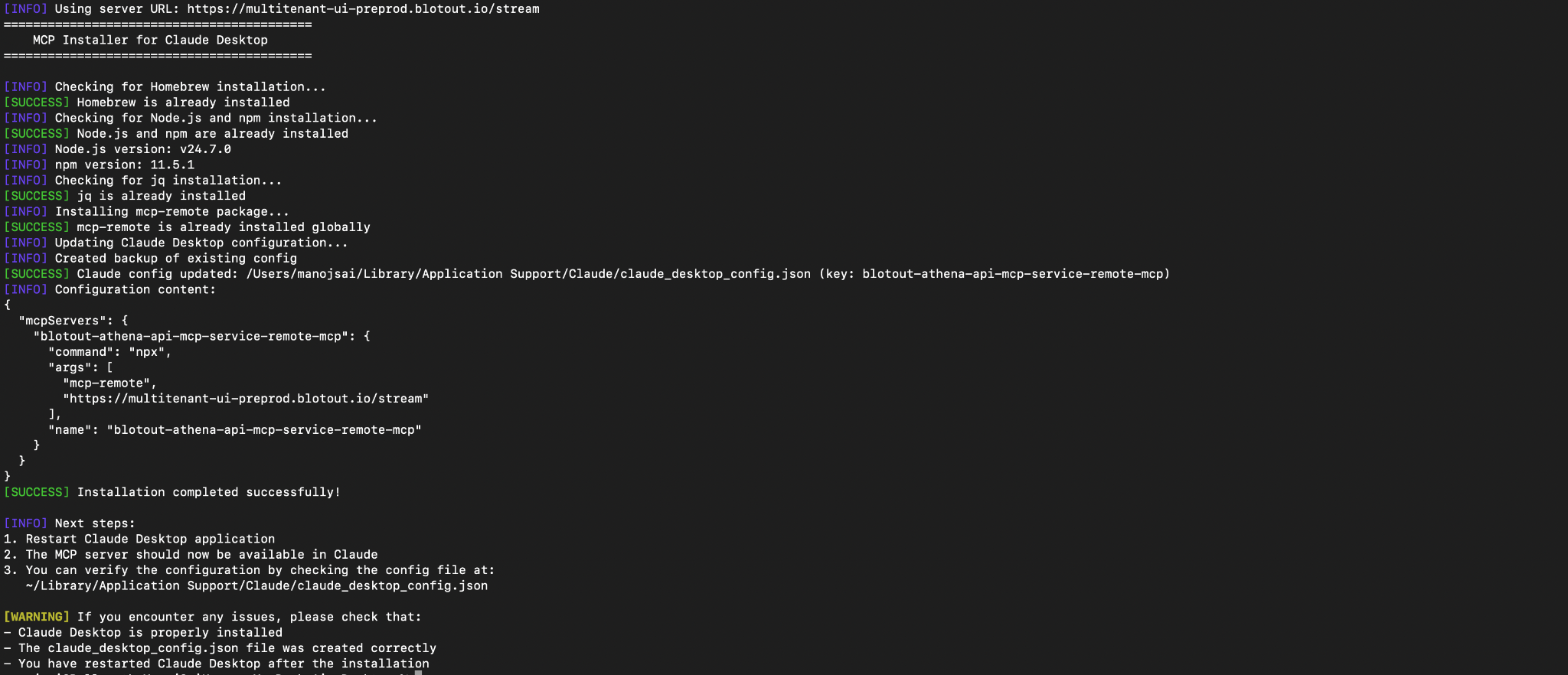 MCP Installer terminal output showing successful installation
