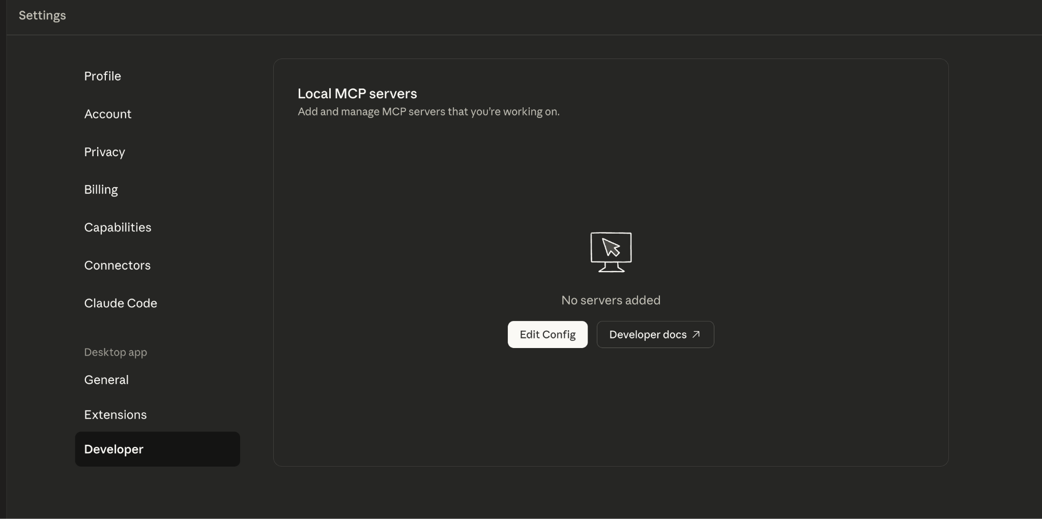 Claude Desktop Developer settings before configuration showing no servers