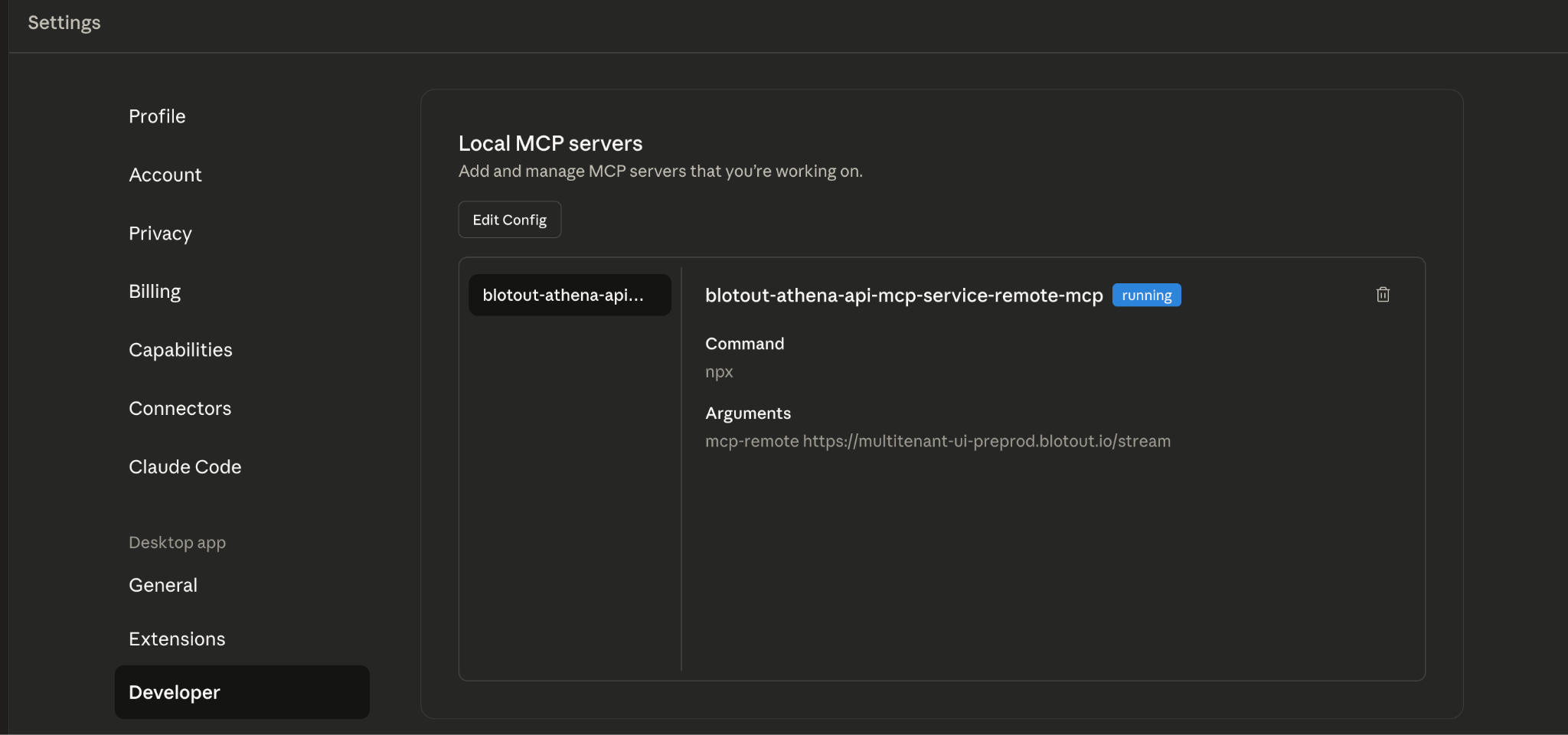 Claude Desktop Developer settings after configuration showing MCP server running