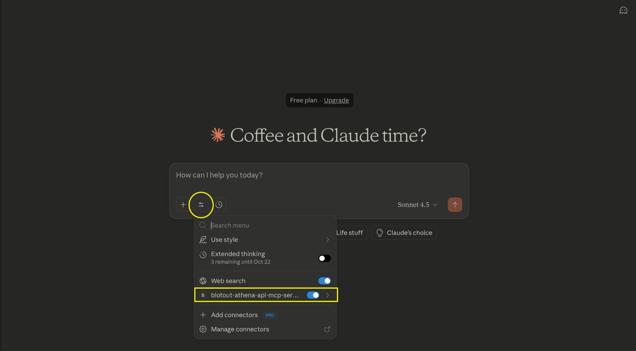 Claude Desktop chat showing MCP server connector enabled