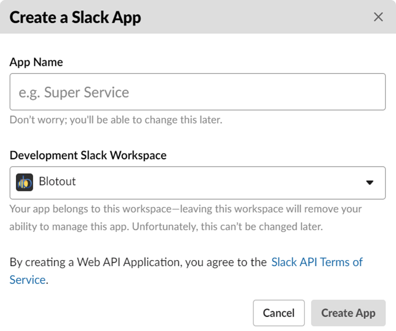 Create new Slack app dialog