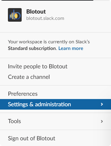 Slack workspace settings menu