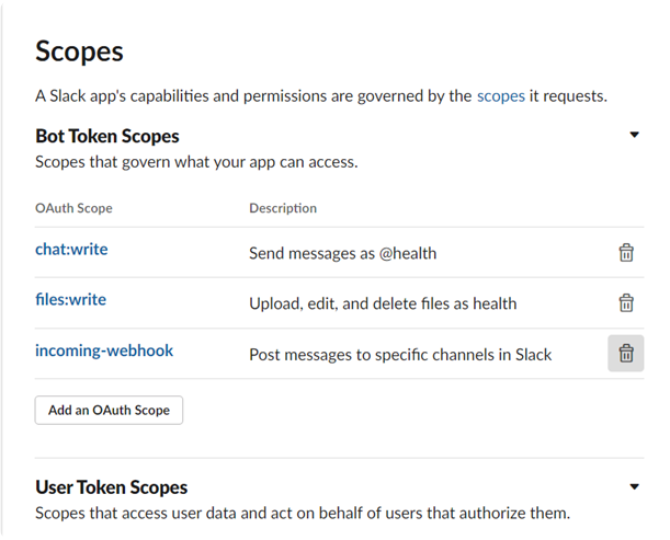 Slack OAuth scopes configuration